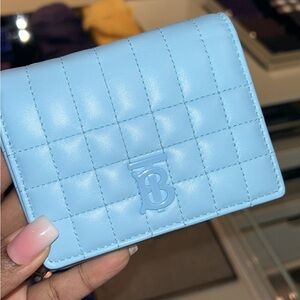 New Burberry tri-fold Lola leather wallet with TB hardware in cool sky blue